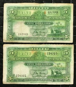 Rare 1927 Straits Settlements $5 Bank Notes Currency