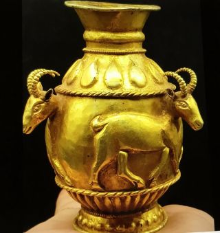 Extremely Rare Solid Gold Parthian Vessel Horned Goats With Protruding Heads Bc