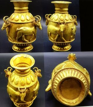 Extremely Rare Solid Gold Parthian Vessel Horned Goats With Protruding Heads BC 2