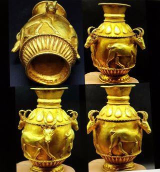 Extremely Rare Solid Gold Parthian Vessel Horned Goats With Protruding Heads BC 6