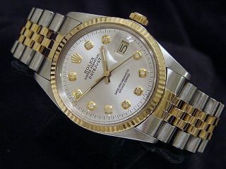 Rolex Datejust Mens Stainless Steel 18k Yellow Gold W/ Silver Diamond Dial 16013