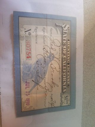 State Of California Hunting License 1910
