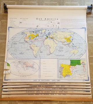 6 In 1 Vintage Pull Down Map,  Denoyer - Geppert,  Ww1,  Ww2,  Atlas,  School Classroom