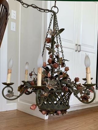 Omg Vintage French Country Tole Flower Basket Chandelier Shabby Chateau 6 Lite