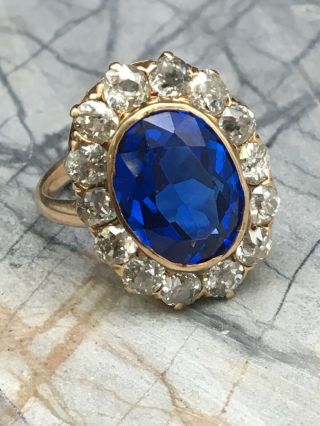 Vintage 14k Gold Sapphire Ring With Diamond Halo Size 5.  25 (252007)