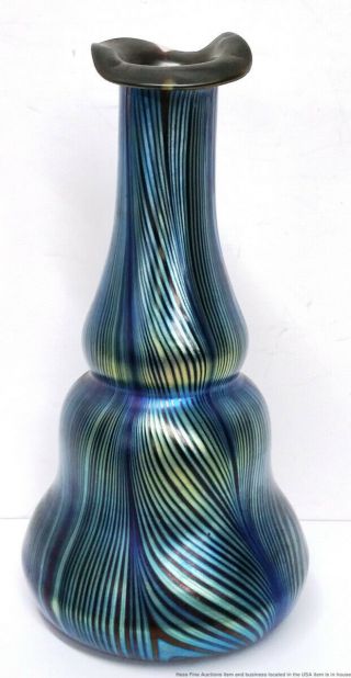 Antique Art Nouveau Aurene Pulled Feather Iridescent 9in Art Glass Vase