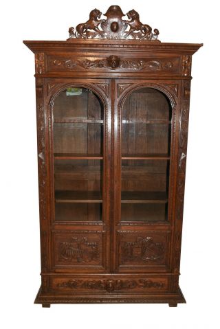 Antique French Hunt Bookcase,  Adjustable Shelves,  19th Century,  Oak