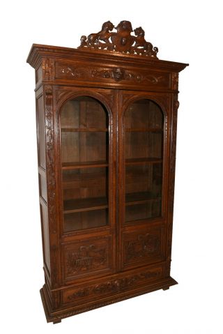 Antique French Hunt Bookcase,  Adjustable Shelves,  19th Century,  Oak 2
