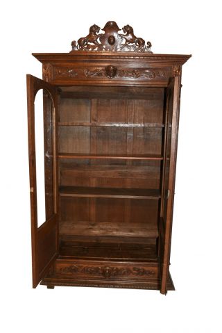 Antique French Hunt Bookcase,  Adjustable Shelves,  19th Century,  Oak 9