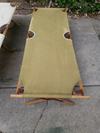 Vintage Folding Army Cot Green Canvas,  Wood Frame & Red Metal Brackets 76 "