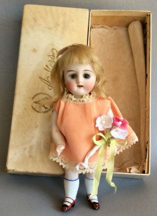 Antique German Kestner 130 All Bisque Doll In Candy Container Box Glass Eyes Exc
