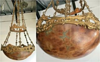 Huge French Antique Alabaster Marble Amber Neo Gothic Chandelier 19thc Top Piece