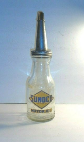 Vintage Sunoco Oil Bottle W/ Yellow & Blue Labels,  Metal Pour Spout And Cap.