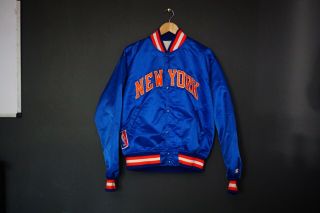 Vtg 80s 90s Starter Nba York Knicks Nylon Satin Bomber Jacket Blue Large L