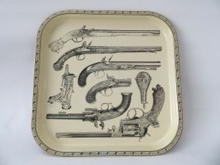 Vintage Tray Fornasetti Ivory Antique Gun Design Print Woodgrain Back