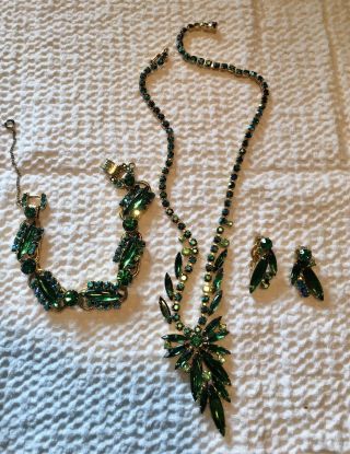 Vintage Parure Green And Blue Glass Necklace,  Earrings,  Bracelet Set
