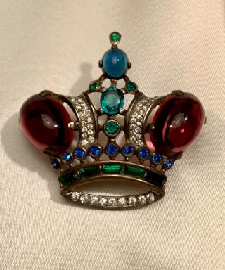 Vintage Trifari Sterling Alfred Philippe Ruby Cabochon Large Royal Crown Brooch