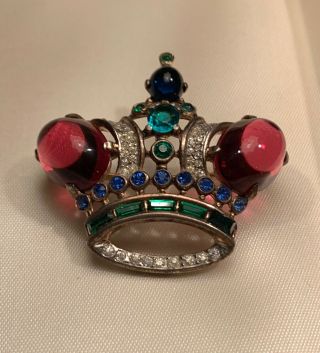 Vintage Trifari Sterling Alfred Philippe Ruby Cabochon Large Royal Crown Brooch 2