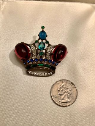 Vintage Trifari Sterling Alfred Philippe Ruby Cabochon Large Royal Crown Brooch 3