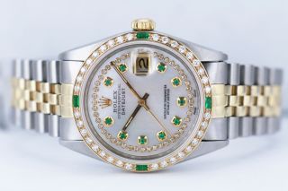 Rolex Men ' s Watch Datejust 18K Gold & Steel 36mm Diamond Emerald Dial & Bezel 10