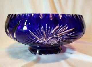 Vintage Bohemian Czech Cobalt Blue Cut To Clear Cased Crystal Large Footed Bowl