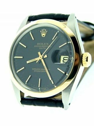 Mens Rolex Date 2tone 14k Yellow Gold Stainless Steel Watch Black Dial Band 1500