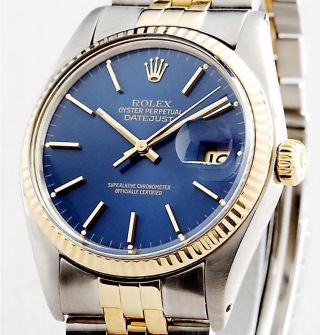 Rolex Datejust Mens 2t 18k Yellow Gold Steel Watch Jubilee Band Blue Dial 16013