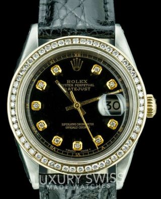 Rolex Watch Lady 26mm Datejust Two - Tone Black Dial With Diamond Bezel & Markers