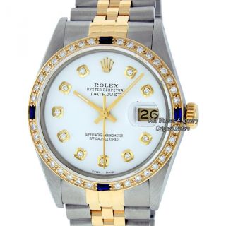 Rolex Mens Datejust 16013 Ss/18k Yellow Gold White Diamond Dial Sapphire Bezel