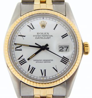 Rolex Datejust Mens Two - Tone 14k Gold Stainless Steel White & Black Roman 16013