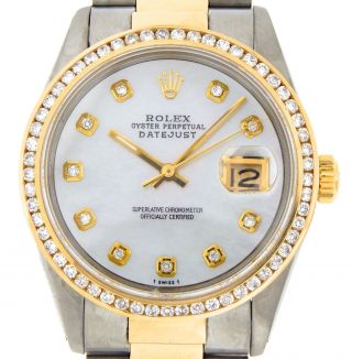Rolex Datejust Mens 2tone 18k Yellow Gold & Steel Watch White Mop Diamond 16013