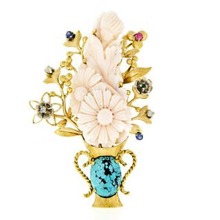 Vintage 14k Gold Carved Angel Skin Coral Turquoise Diamond Flower Vase Brooch