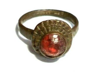 Medieval Ancient Bronze Ring With Red Stone Roman