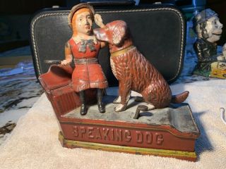 Antique Vintage Style Cast Iron Mechanical Speaking Dog Money Bank 2 Pc