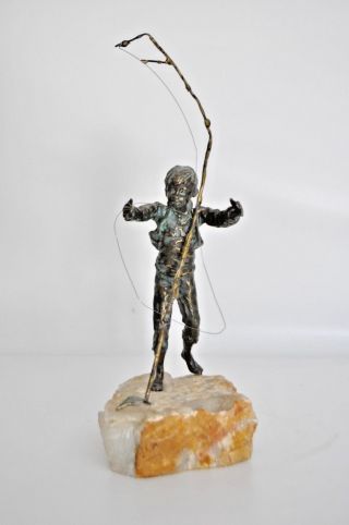 Jere Vtg Mid Century Modern Bronze Brass Metal Boy Fishing Table Sculpture Stone