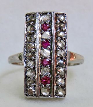 Antique Victorian 1.  0 Ct.  Old Rose Cut Diamond & Ruby Long Dinner Ring 14k Gold