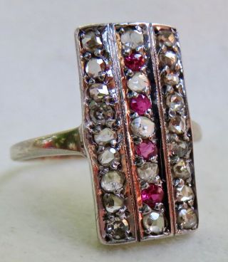 ANTIQUE VICTORIAN 1.  0 CT.  OLD ROSE CUT DIAMOND & RUBY LONG DINNER RING 14K GOLD 4