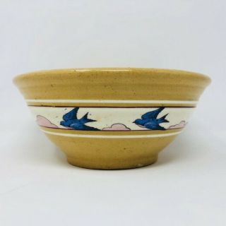 Rare Vtg Antique Early Mccoy Yellow Ware Bowl Bluebird And Pink Clouds Stone