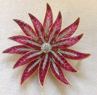 Exceptional Large Ruby Red Trifari Waffle Glass Flower By Alfred Philippe Rare
