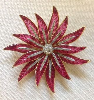 Exceptional Large Ruby Red Trifari Waffle Glass Flower By Alfred Philippe Rare 2