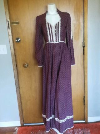 Vintage 1970s Gunne Sax Prairie Dress Size 8 9 Medium Floral Long Sleeve Lace