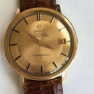 Vintage 18K Rose Gold OMEGA CONSTELLATION 561 Cinnamon Pie Pan Dial Men ' s Watch 10