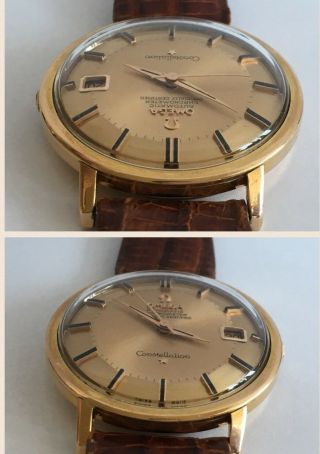Vintage 18K Rose Gold OMEGA CONSTELLATION 561 Cinnamon Pie Pan Dial Men ' s Watch 8