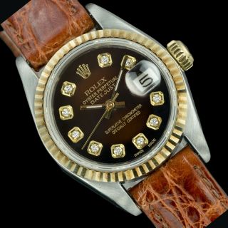 Rolex Watch Ladies Datejust 6917 Two - Tone Brown Vignette W/ Diamond Dial Leather