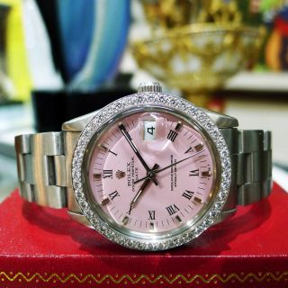 Mens Rolex Oyster Perpetual Date 34mm Pink Dial Stainless Diamond Watch