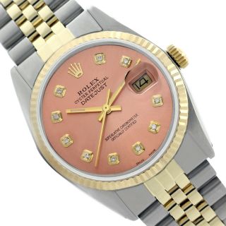 Mens Rolex Watch Datejust 16013 36mm 18k Gold & Steel Pink Salmon With Diamonds