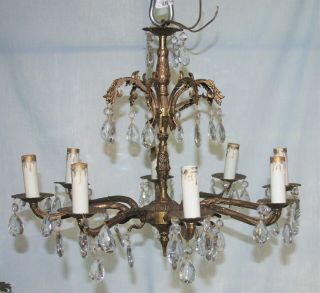 Spain Vintage Or Antique Brass & Crystal Prism 8 Light Chandelier 3