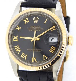 Rolex Datejust 16013 18k Yellow Gold Stainless Watch Black Roman Dial Quickset