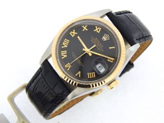 Rolex Datejust 16013 18K Yellow Gold Stainless Watch Black Roman Dial Quickset 5