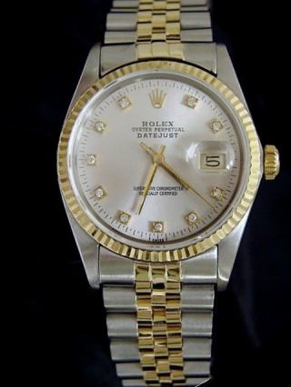 Mens Rolex Datejust 18k Gold Stainless Steel Watch Silver Diamond Dial 16013